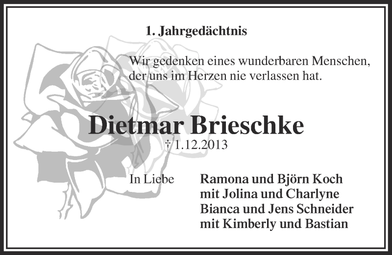  Traueranzeige für Dietmar Brieschke vom 03.12.2014 aus  Anzeigen Echo 