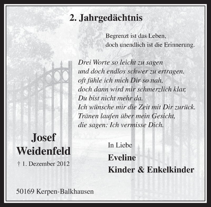  Traueranzeige für Josef Weidenfeld vom 03.12.2014 aus  Werbepost 