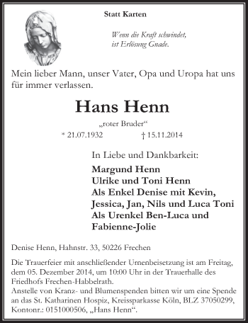 Anzeige von Hans Henn von  Wochenende 