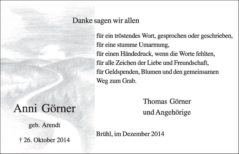  Traueranzeige für Anni Gömer vom 03.12.2014 aus  Schlossbote/Werbekurier 