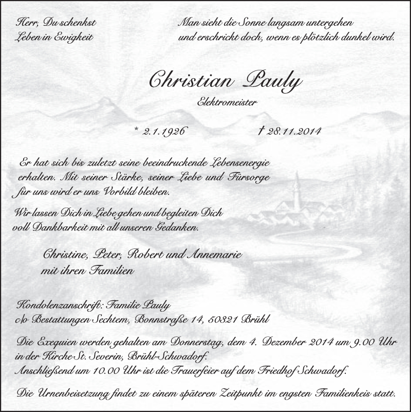  Traueranzeige für Christian Pauly vom 03.12.2014 aus  Schlossbote/Werbekurier 