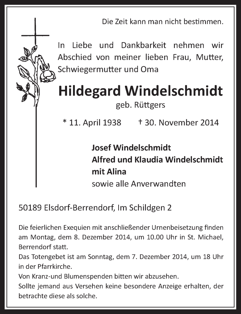  Traueranzeige für Hildegard Windelschmidt vom 03.12.2014 aus  Werbepost 