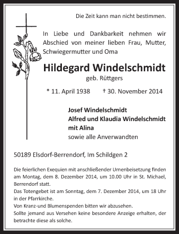 Anzeige von Hildegard Windelschmidt von  Werbepost 