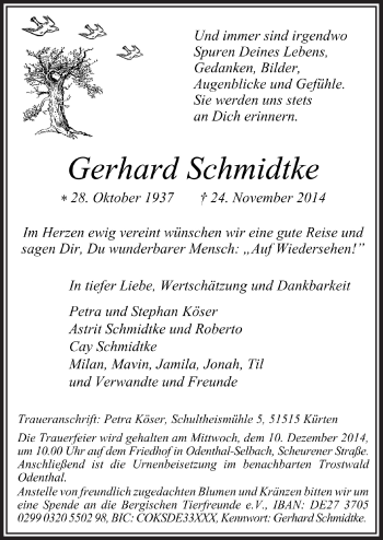 Anzeige von Gerhard Schmidtke von  Bergisches Handelsblatt 