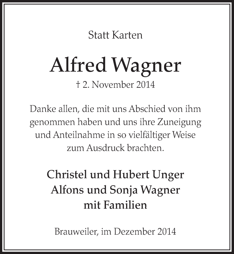  Traueranzeige für Alfred Wagner vom 06.12.2014 aus  Sonntags-Post 
