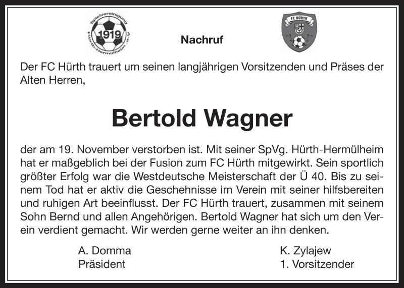  Traueranzeige für Bertold Wagner vom 03.12.2014 aus  Wochenende 