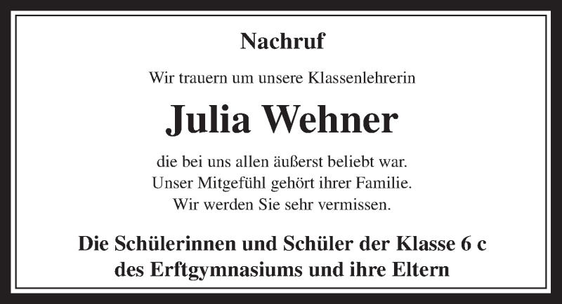 Traueranzeige für Julia Wehner vom 03.12.2014 aus  Werbepost 