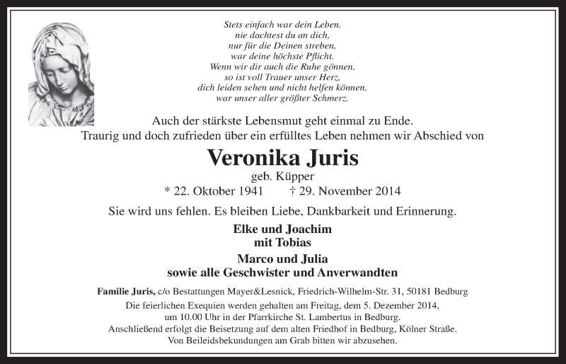  Traueranzeige für Veronika Juris vom 03.12.2014 aus  Werbepost 