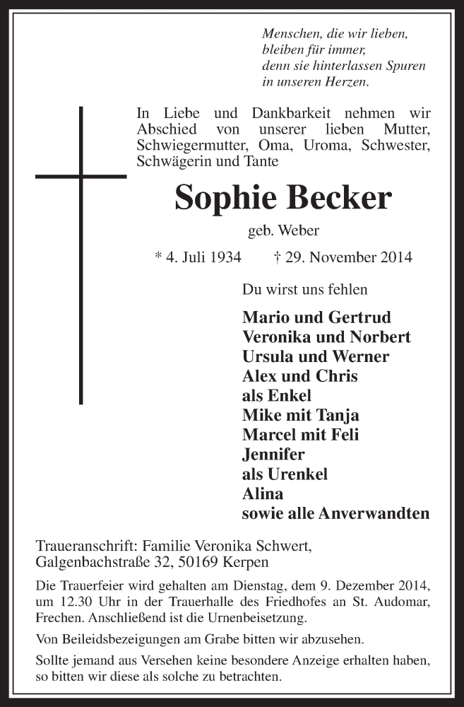  Traueranzeige für Sophie Becker vom 03.12.2014 aus  Wochenende 