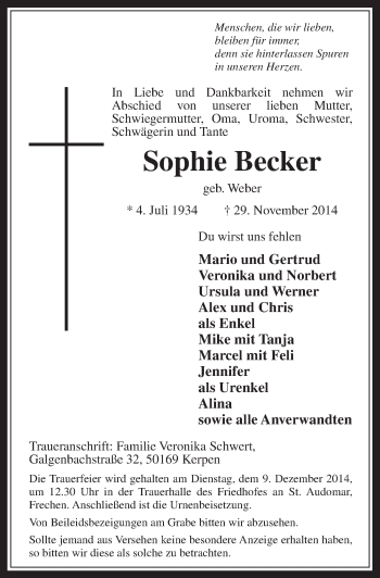 Anzeige von Sophie Becker von  Wochenende 