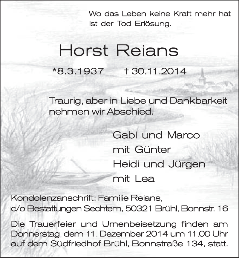  Traueranzeige für Horst Reians vom 03.12.2014 aus  Schlossbote/Werbekurier 