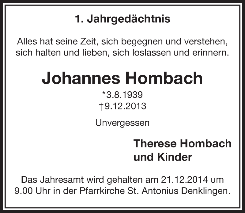  Traueranzeige für Johannes Hombach vom 17.12.2014 aus  Lokalanzeiger 