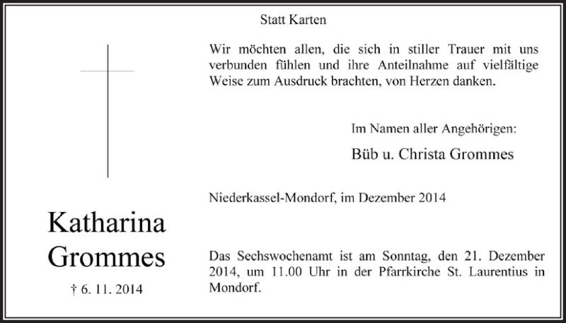  Traueranzeige für Katharina Grommes vom 17.12.2014 aus  Extra Blatt 