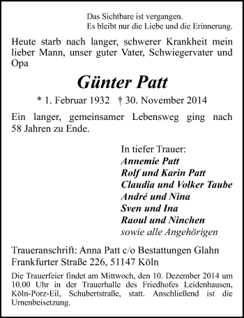 Anzeige von Günter Patt von  Kölner Wochenspiegel 