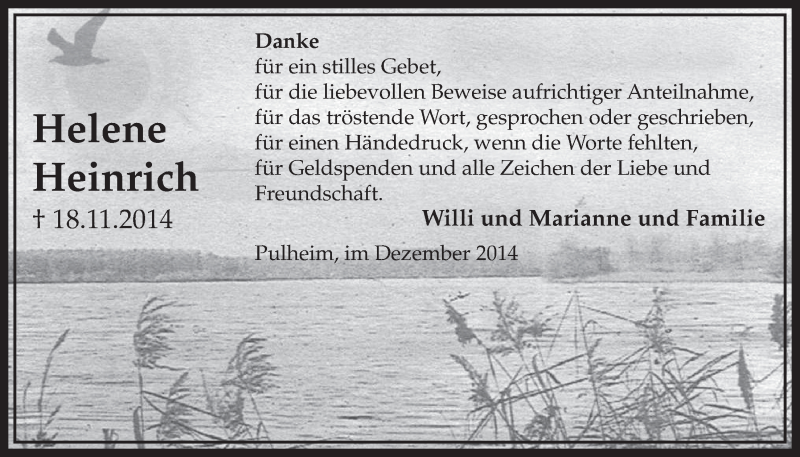  Traueranzeige für Helene Heinrich vom 06.12.2014 aus  Sonntags-Post 