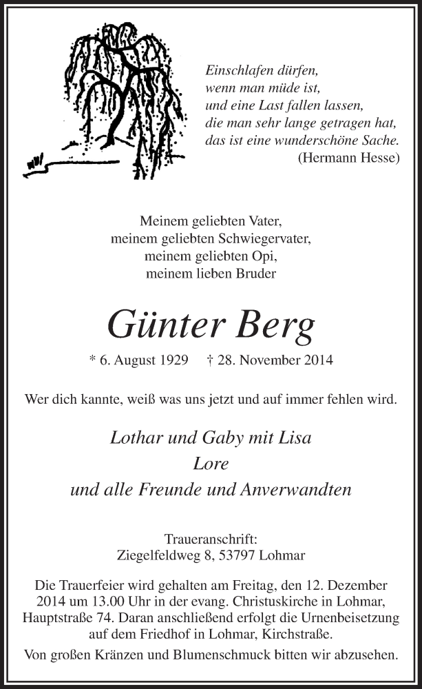  Traueranzeige für Günter Berg vom 10.12.2014 aus  Extra Blatt 
