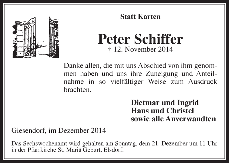  Traueranzeige für Peter Schiffer vom 10.12.2014 aus  Werbepost 