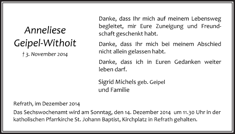  Traueranzeige für Anneliese Geipel-Withoit vom 06.12.2014 aus  Bergisches Sonntagsblatt 