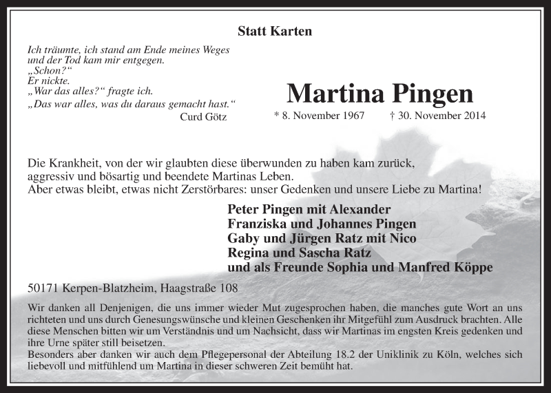  Traueranzeige für Martina Pingen vom 10.12.2014 aus  Werbepost 