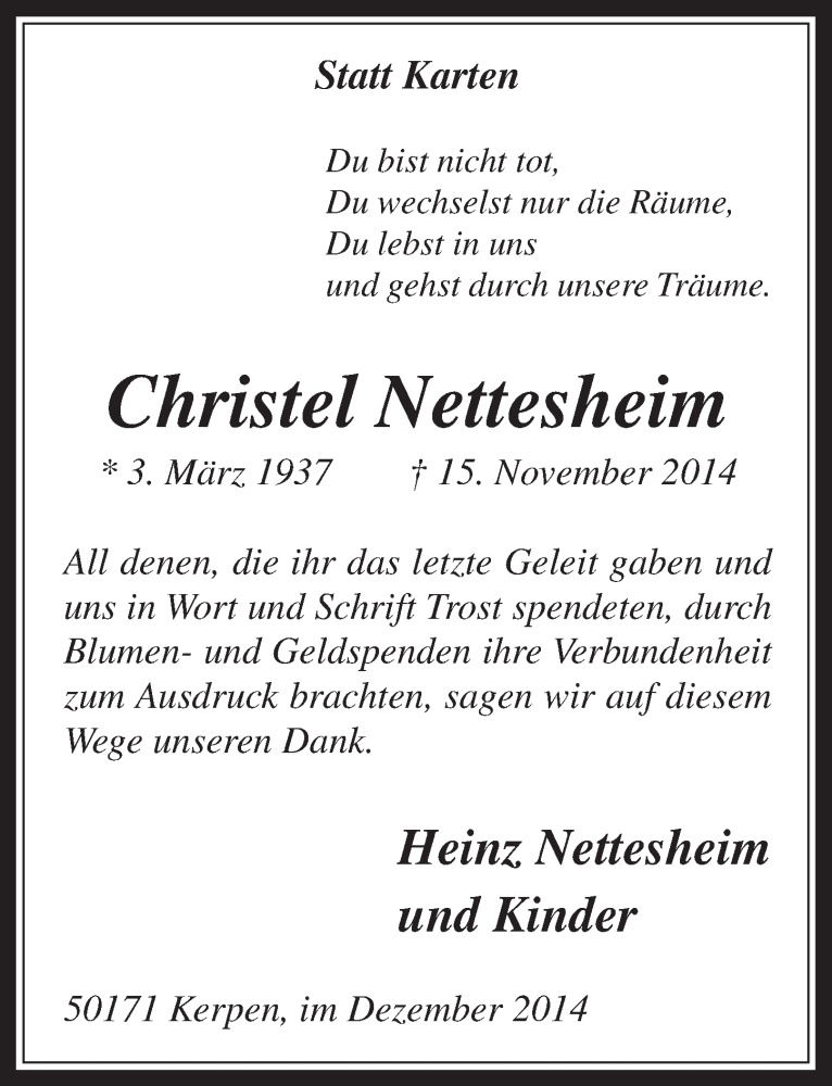  Traueranzeige für Christel Nettesheim vom 10.12.2014 aus  Wochenende  Werbepost 