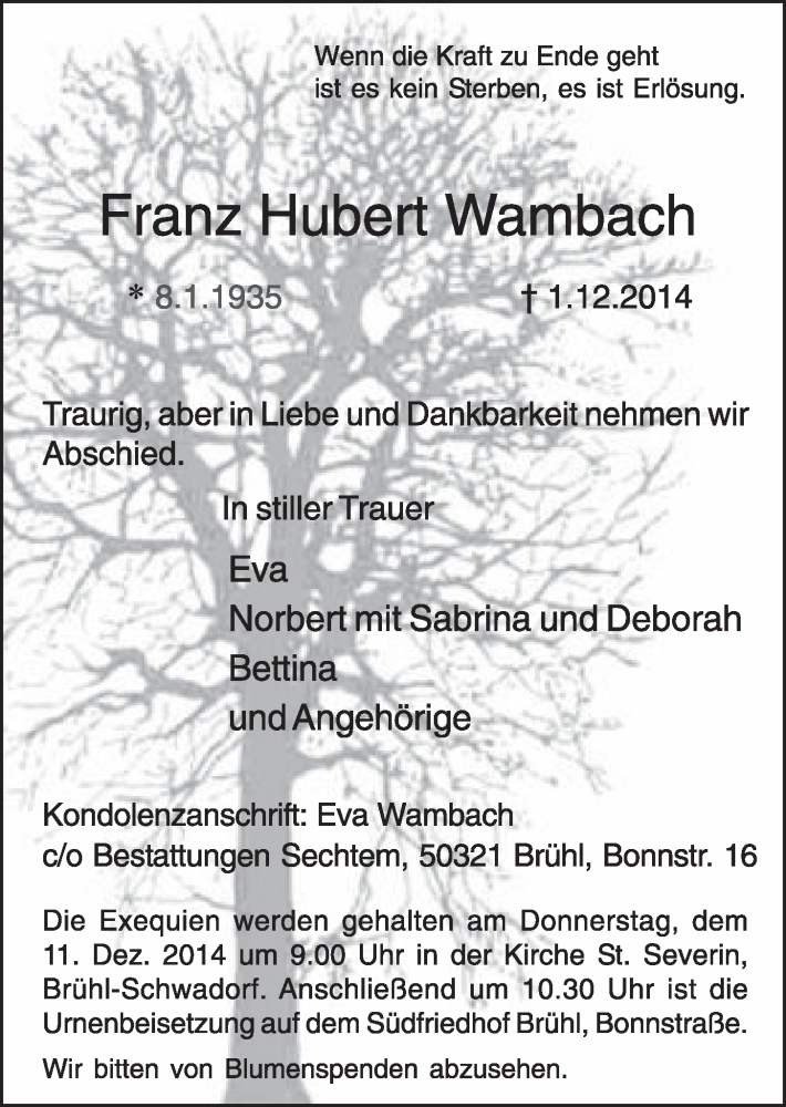  Traueranzeige für Franz Hubert Wambach vom 10.12.2014 aus  Schlossbote/Werbekurier 