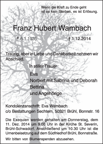 Anzeige von Franz Hubert Wambach von  Schlossbote/Werbekurier 