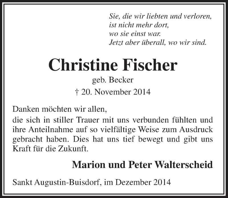  Traueranzeige für Christine Fischer vom 10.12.2014 aus  Extra Blatt 