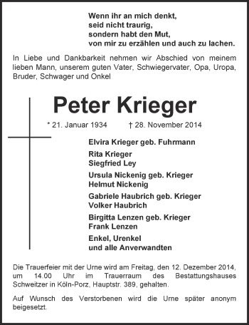 Anzeige von Peter Krieger von  Kölner Wochenspiegel 