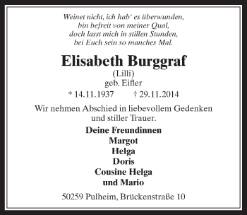 Anzeige von Elisabeth Burggraf von  Sonntags-Post 