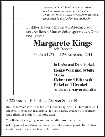 Anzeige von Margarete Kings von  Sonntags-Post 