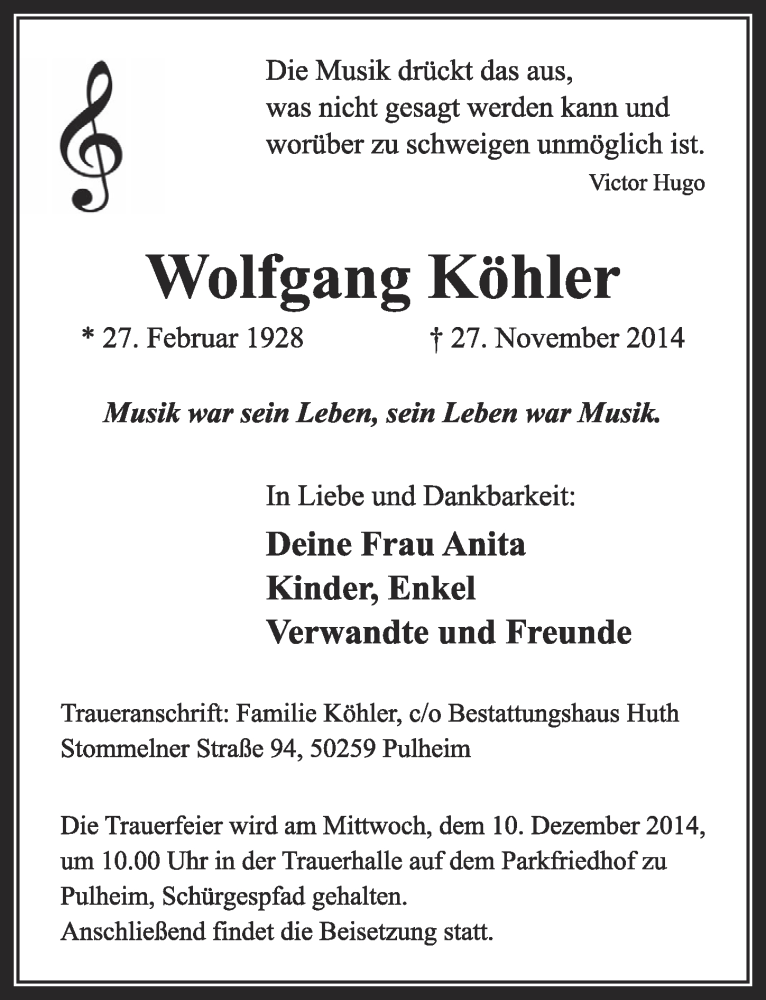 Traueranzeige für Wolfgang Köhler vom 06.12.2014 aus  Sonntags-Post 