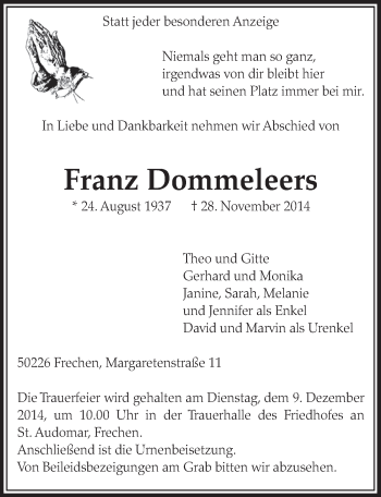 Anzeige von Franz Dommeleers von  Sonntags-Post 