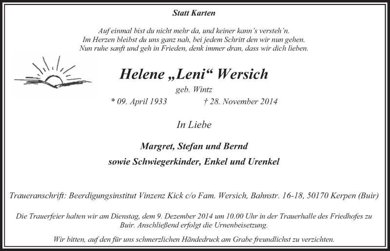  Traueranzeige für Helene Wersich vom 06.12.2014 aus  Sonntags-Post 