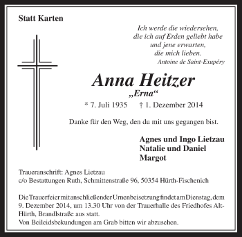 Anzeige von Anna Heitzer von  Sonntags-Post 