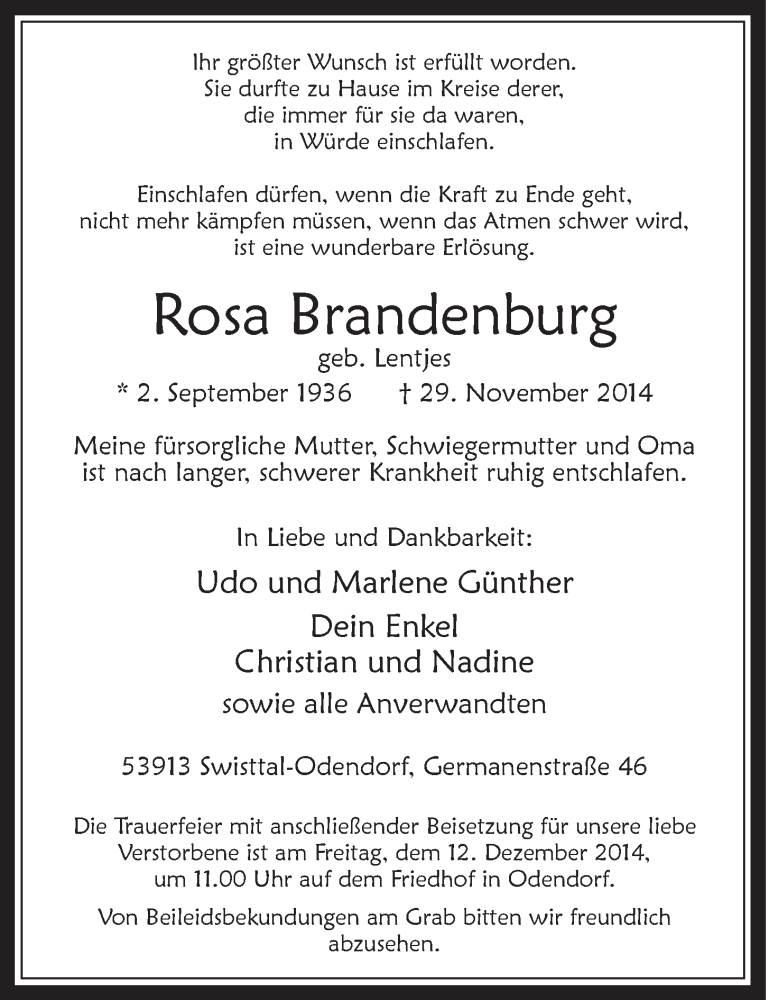  Traueranzeige für Rosa Brandenburg vom 10.12.2014 aus  Schaufenster/Blickpunkt 