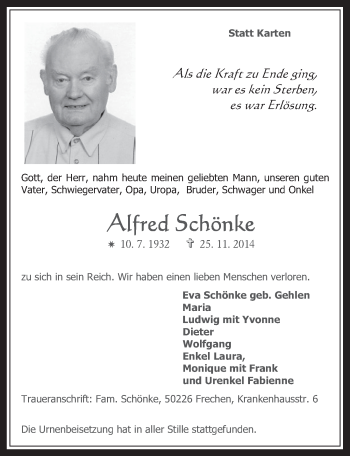 Anzeige von Alfred Schönke von  Wochenende 