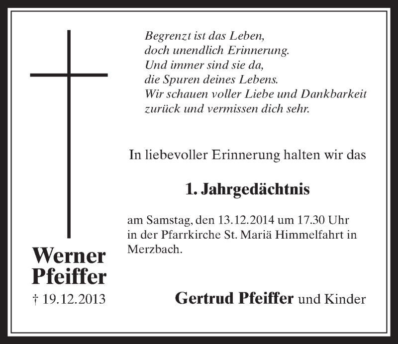  Traueranzeige für Werner Pfeiffer vom 10.12.2014 aus  Schaufenster/Blickpunkt 