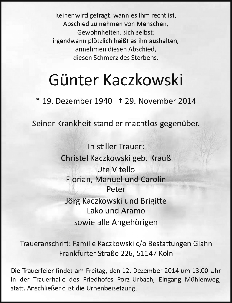  Traueranzeige für Günter Kaczkowski vom 10.12.2014 aus  Kölner Wochenspiegel 