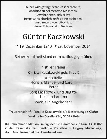 Anzeige von Günter Kaczkowski von  Kölner Wochenspiegel 