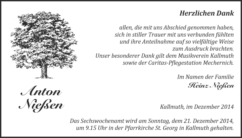  Traueranzeige für Anton Nießen vom 07.12.2014 aus  Blickpunkt Euskirchen 
