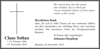 Anzeige von Claus Soltau von  Lokalanzeiger 