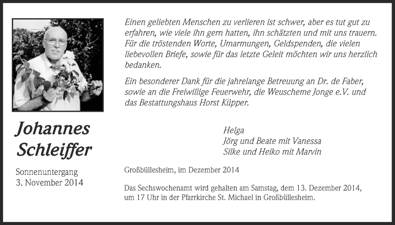  Traueranzeige für Johannes Schleiffer vom 07.12.2014 aus  Blickpunkt Euskirchen 