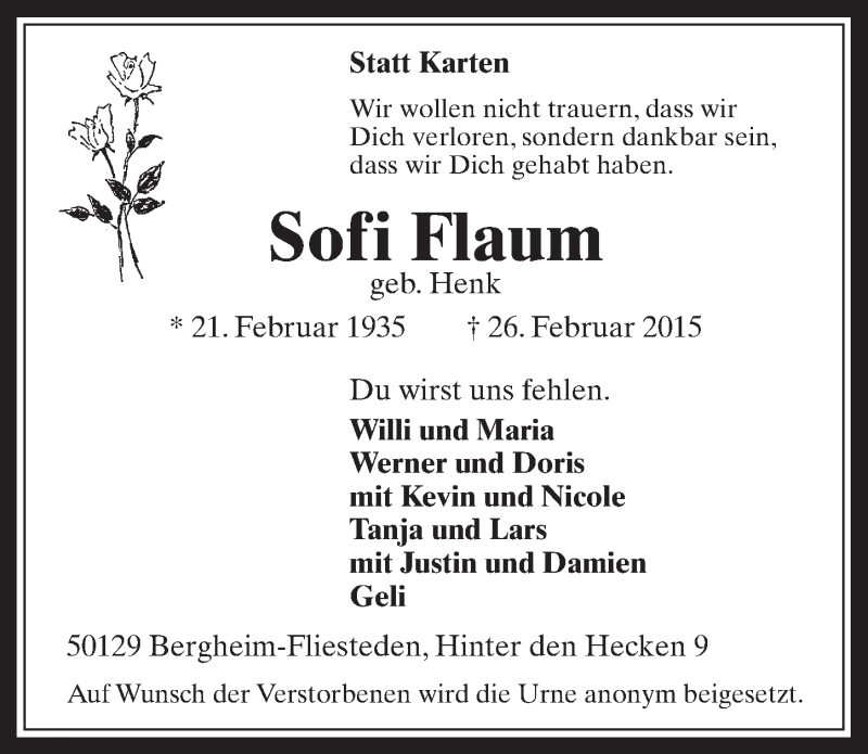  Traueranzeige für Sofi Flaum vom 11.03.2015 aus  Werbepost 