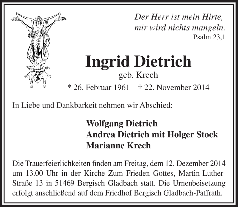  Traueranzeige für Ingrid Dietrich vom 10.12.2014 aus  Bergisches Handelsblatt 