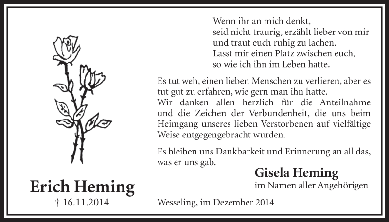  Traueranzeige für Erich Heming vom 10.12.2014 aus  Schlossbote/Werbekurier 