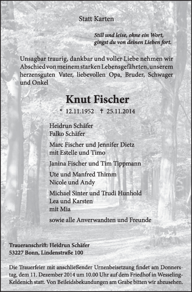  Traueranzeige für Knut Fischer vom 10.12.2014 aus  Schlossbote/Werbekurier 