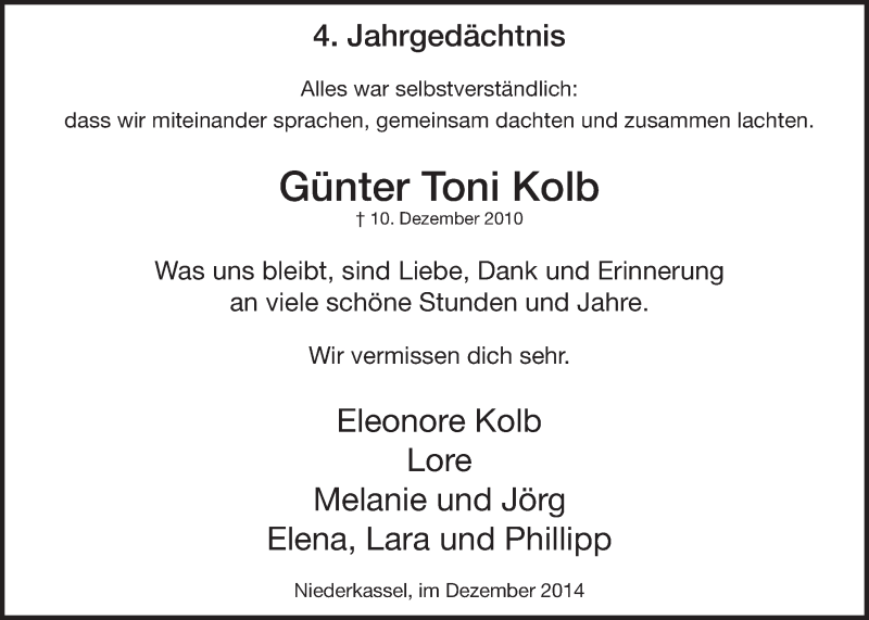  Traueranzeige für Günter Toni Kolb vom 10.12.2014 aus  Extra Blatt 