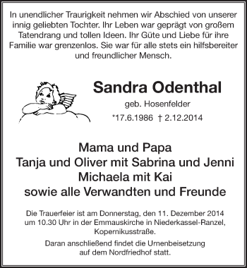 Anzeige von Sandra Odenthal von  Extra Blatt 