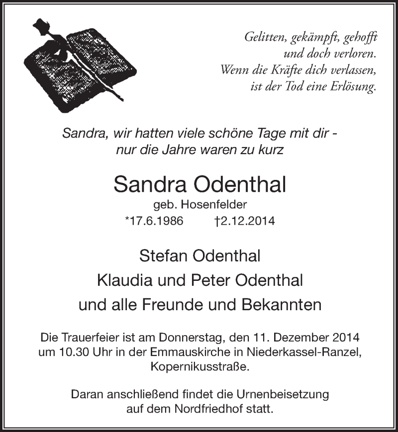  Traueranzeige für Sandra Odenthal vom 10.12.2014 aus  Kölner Wochenspiegel 