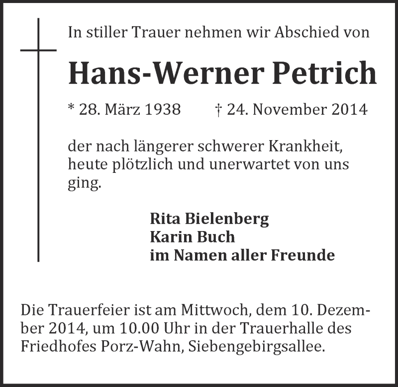 Traueranzeige für Hans-Werner Petrich vom 06.12.2014 aus 